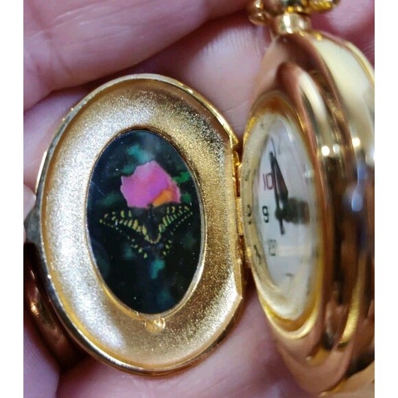 Vintage Oval Etched Quartz Pocket Watch Gold tone Pendant Not Working Butterfly main image 8